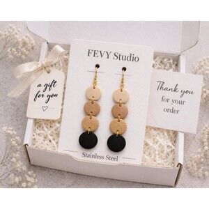 Beige Black Clay Earrings | Lightweight Geometric Statement Dangles | Gift